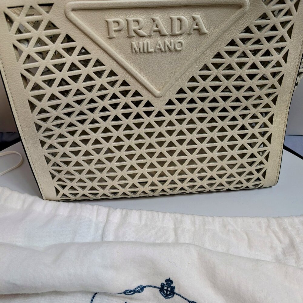 Prada Milano Cream Perforated Tote Bag - Picture 3 of 16